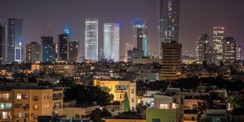 Tel Aviv financial district skyscrapers shot at night, Israel.